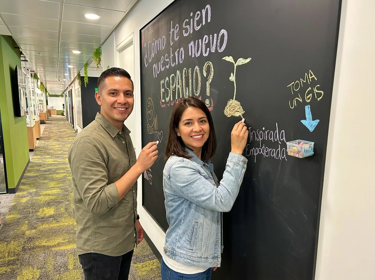 Socios de Podemos escribiendo en el pizarrón cómo se sienten en el nuevo espacio