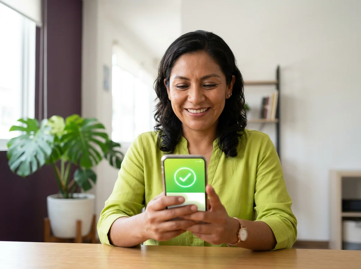 Mujer confirmando un pago en la app